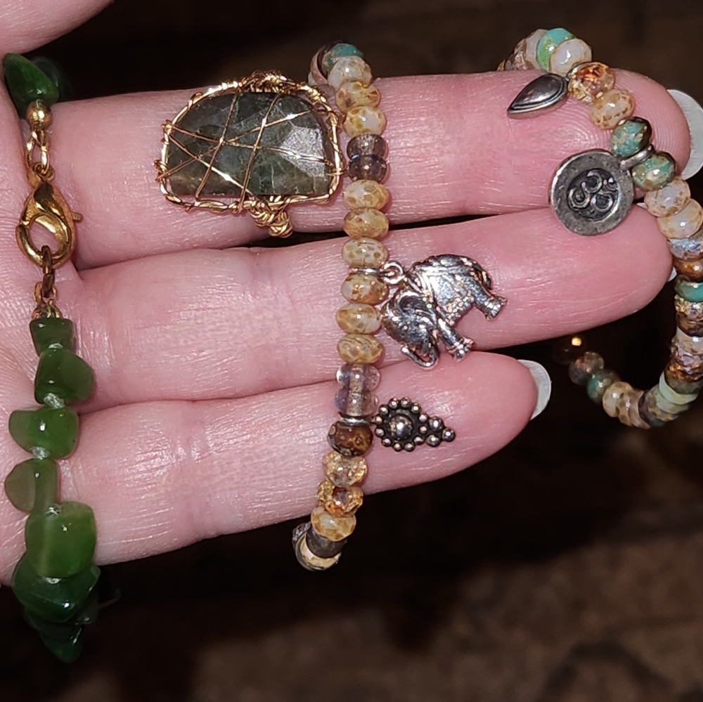 SALE!! Set of 4 Items: Large Labradorite Stone wrapped Ring, 3 Bracelets